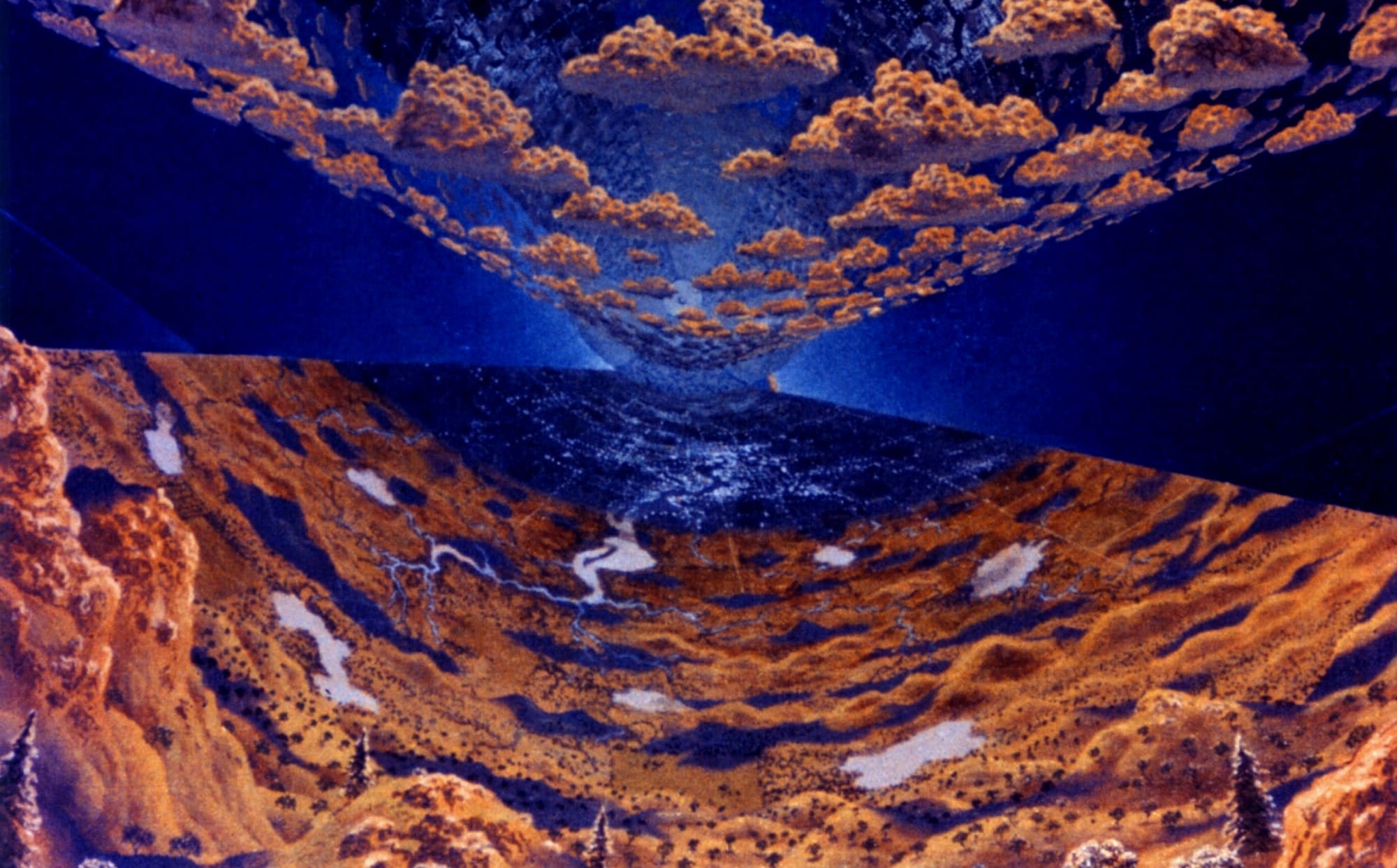 A stark and dramatic antique print of a solar eclipse, in bold colors.